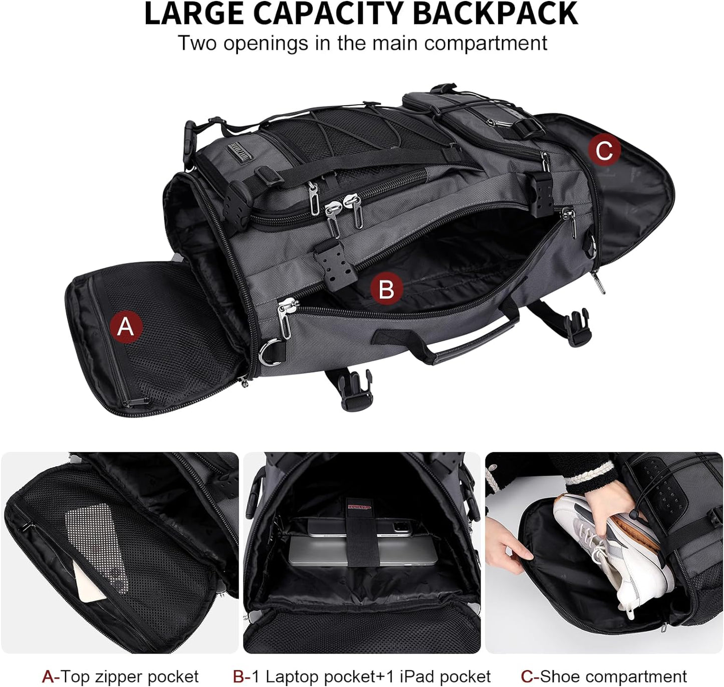 WITZMAN Travel Backpack for Men Large Carry on Backpack Convertible 3 in 1 Bags with Shoe Compartment Fit 17 Inch Laptop(B689 Silvery Grey)