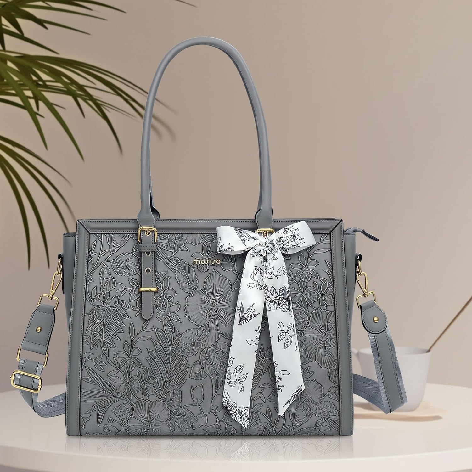 MOSISO Laptop Bag for Women, 17-17.3 inch PU Leathe Tote Bag Compatible with MacBook, HP, Dell, Asus Notebook, Front Embossed Retro Hibiscus Computer Bag with Silk Scarf&Clutch Purse, Gray - PuriLite