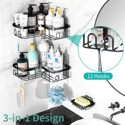 MOFOROCO 3-Pack Shower Caddy Corner Basket Shelf with Soap Holder, No Drilling Traceless Adhesive Shower Wall Shelves, Black Bathroom Shower Storage Organizer（ for 90-Degree Right-Angle Walls）