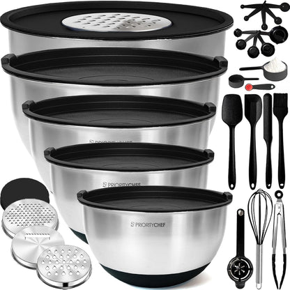 PriorityChef Stainless Steel Mixing Bowls with Lids Set, Metal Nesting Bowls with Airtight Lids, Graters, Non-Slip Base & Measurement Marks, Includes Utensil Set for Prep, Baking & Storage, Black
