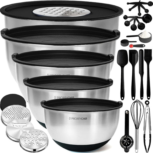 PriorityChef Stainless Steel Mixing Bowls with Lids Set, Metal Nesting Bowls with Airtight Lids, Graters, Non-Slip Base & Measurement Marks, Includes Utensil Set for Prep, Baking & Storage, Black