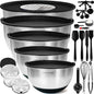 PriorityChef Stainless Steel Mixing Bowls with Lids Set, Metal Nesting Bowls with Airtight Lids, Graters, Non-Slip Base & Measurement Marks, Includes Utensil Set for Prep, Baking & Storage, Black