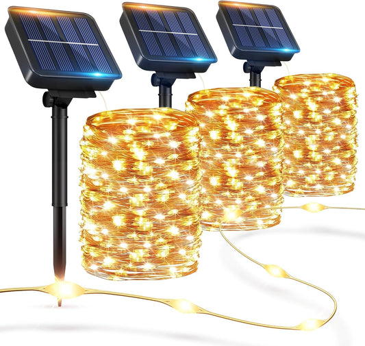 OHLUX 3 Pack Solar Lights Outdoor, Total 300LED Dusk to Dawn Solar Fairy Lights Waterproof, 8 Modes Copper Solar Christmas Lights for Outdoor Patio Garden Wedding Tree(Warm White)