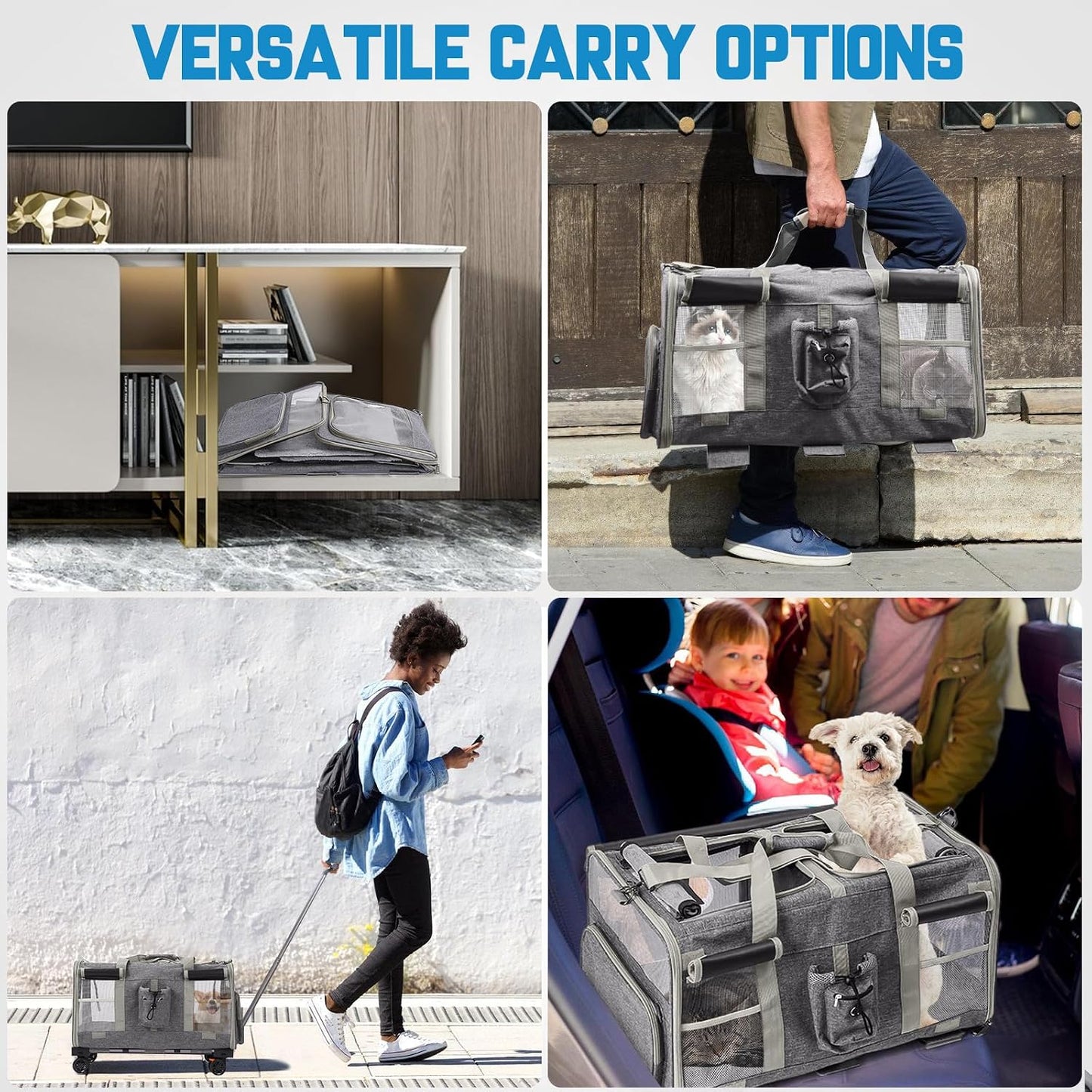 Foldable Large Pet Carrier with Wheels—Accommodates Two Pets, Includes cat Toy and Storage Strap. Breathable and Portable, Ideal for Hiking, Camping, and Travel (Gray)