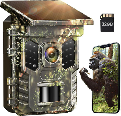 XTU Solar Trail Camera WiFi Bluetooth, 64MP 4K Game Camera with Night Vision Motion Activated 0.2s Trigger, IP66 Waterproof Wildlife Camera with 22pcs 850nm Low Glow Infrared LEDs Outdoor