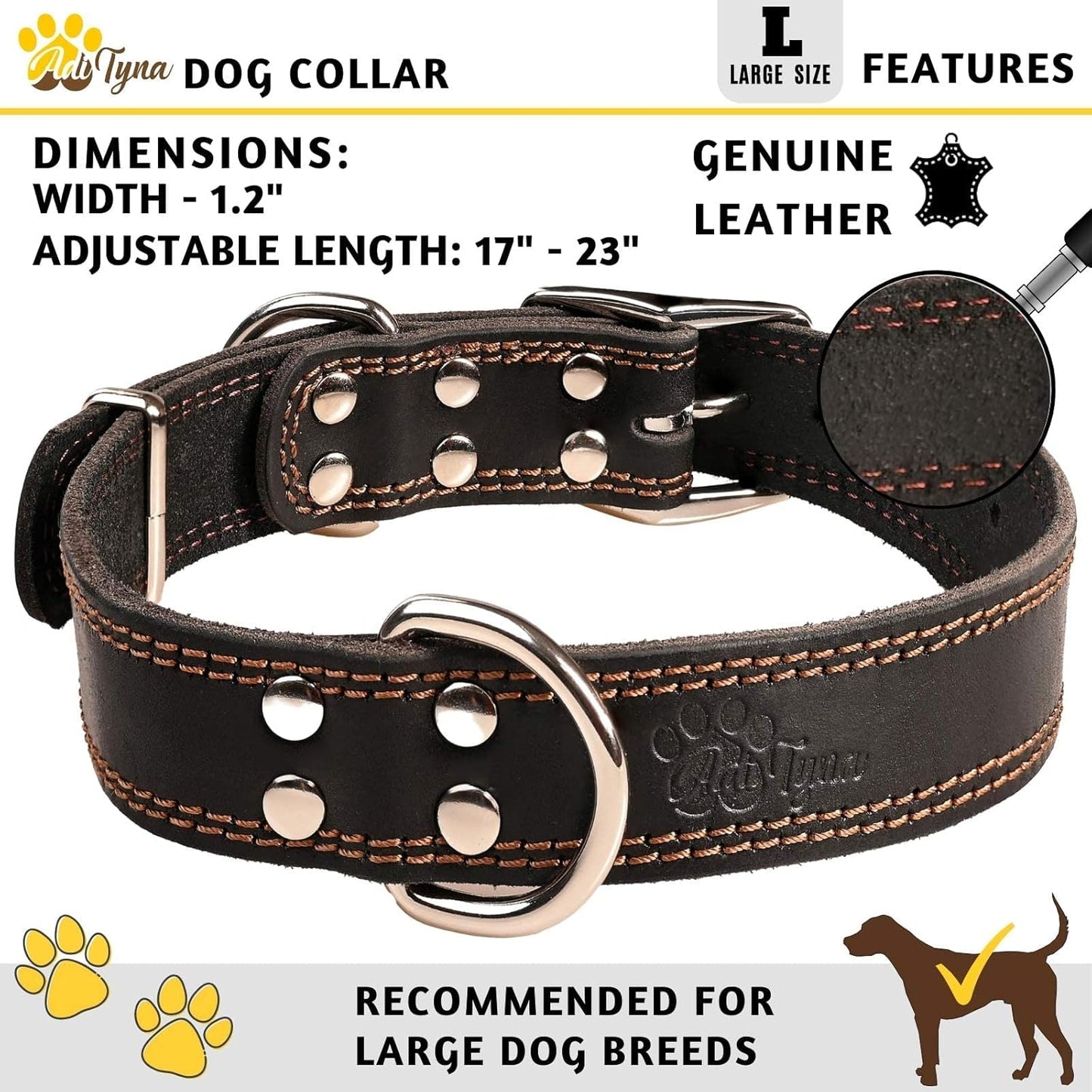 ADITYNA Heavy-Duty Leather Dog Collar for Medium Dogs - Soft and Strong, 100% Genuine Leather - Collier Pour Chien (Medium: Fit 13" - 20" Neck, Brown)