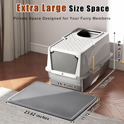 Stainless Steel Cat Litter Box with Lid, 180° Flip Top XL Enclosed Litter Box with Trapping Mat & Metal Scoop, Front Top Dual Entry Steel Extra Large Cat Litter Pan (Grey, X-Large)