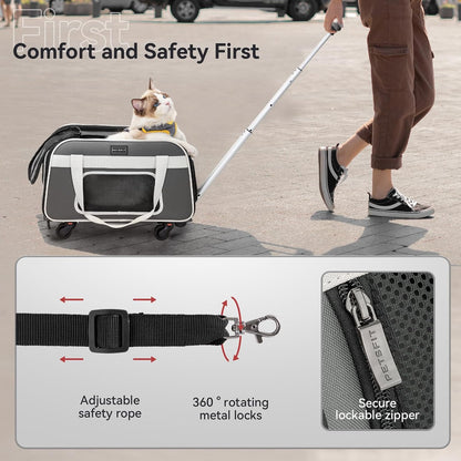 PETSFIT Airline Approved Dog Carrier with Wheels Designed for Small Dogs/Cats with Adjustable Safety Rope & Removable Wheels,Grey
