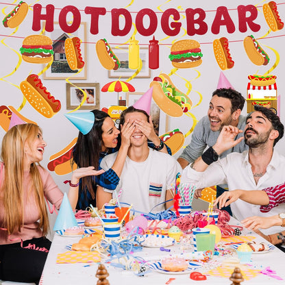 10Pcs Hot Dog Party Decorations - Hot Dog Bar Supplies Include 2 Hotdog Banners and 8 Swirl Decorations Hanging for Birthday Party, Hot Dog Food Party Decor Supplies Gold Red