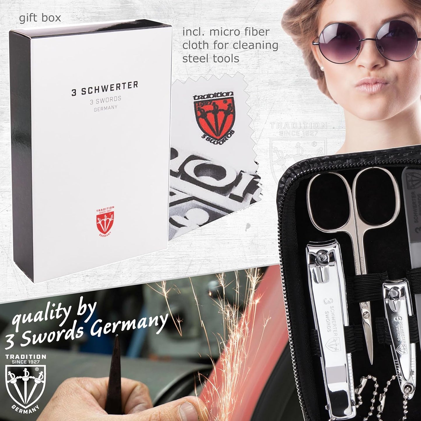 3 Swords Germany - brand quality 8 piece manicure pedicure grooming kit set for professional finger & toe nail care scissors clipper fashion leather case camou in gift box, Made in Germany