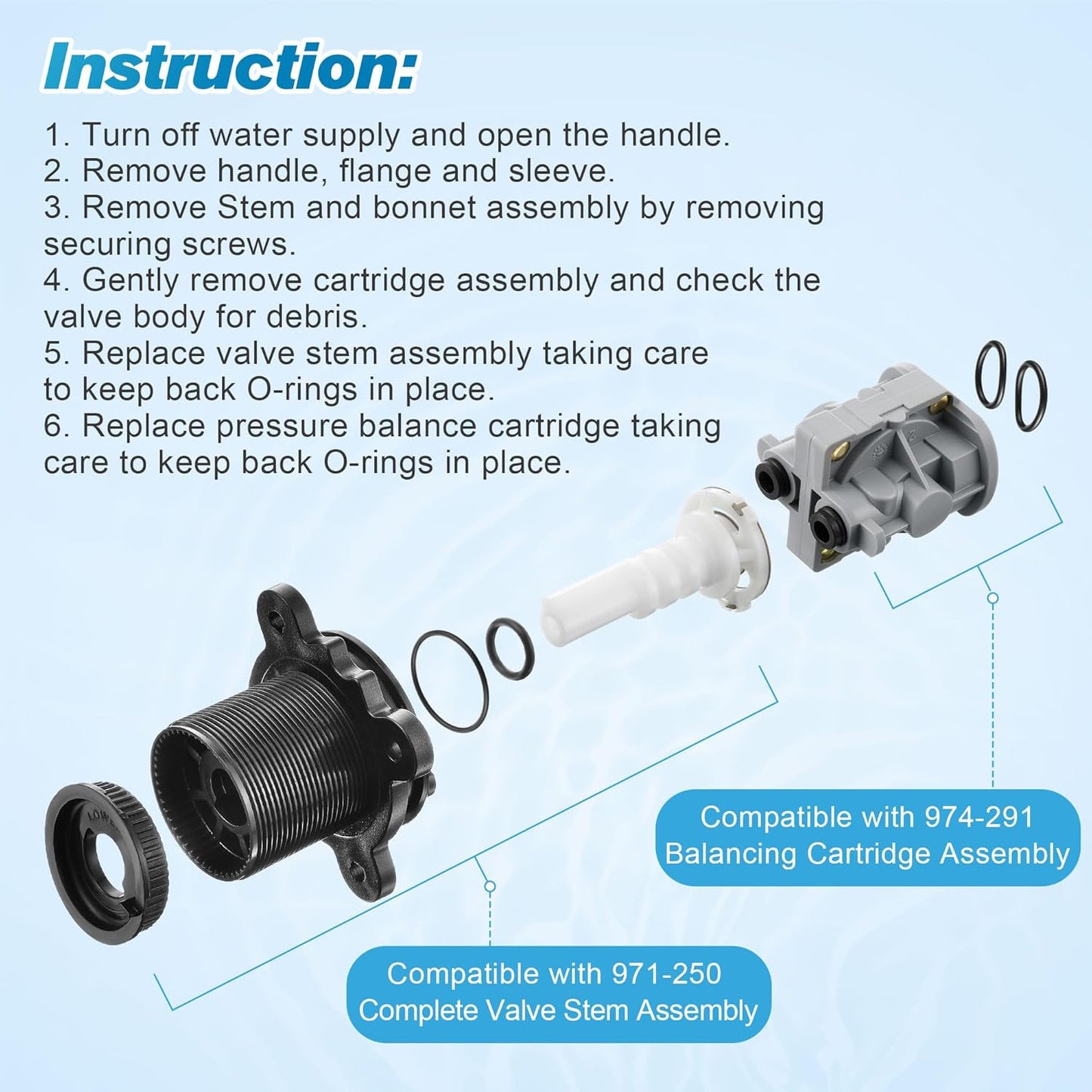 Dreyoo Pressure Balancing Cartridge and Valve Stem Assembly, Compatible with 971-2500 and 974-2910, Compatible with Pfister 0X8/JX8/VB8/JV8 Deep Casting Valve, for Single Handle Tub and Shower Parts