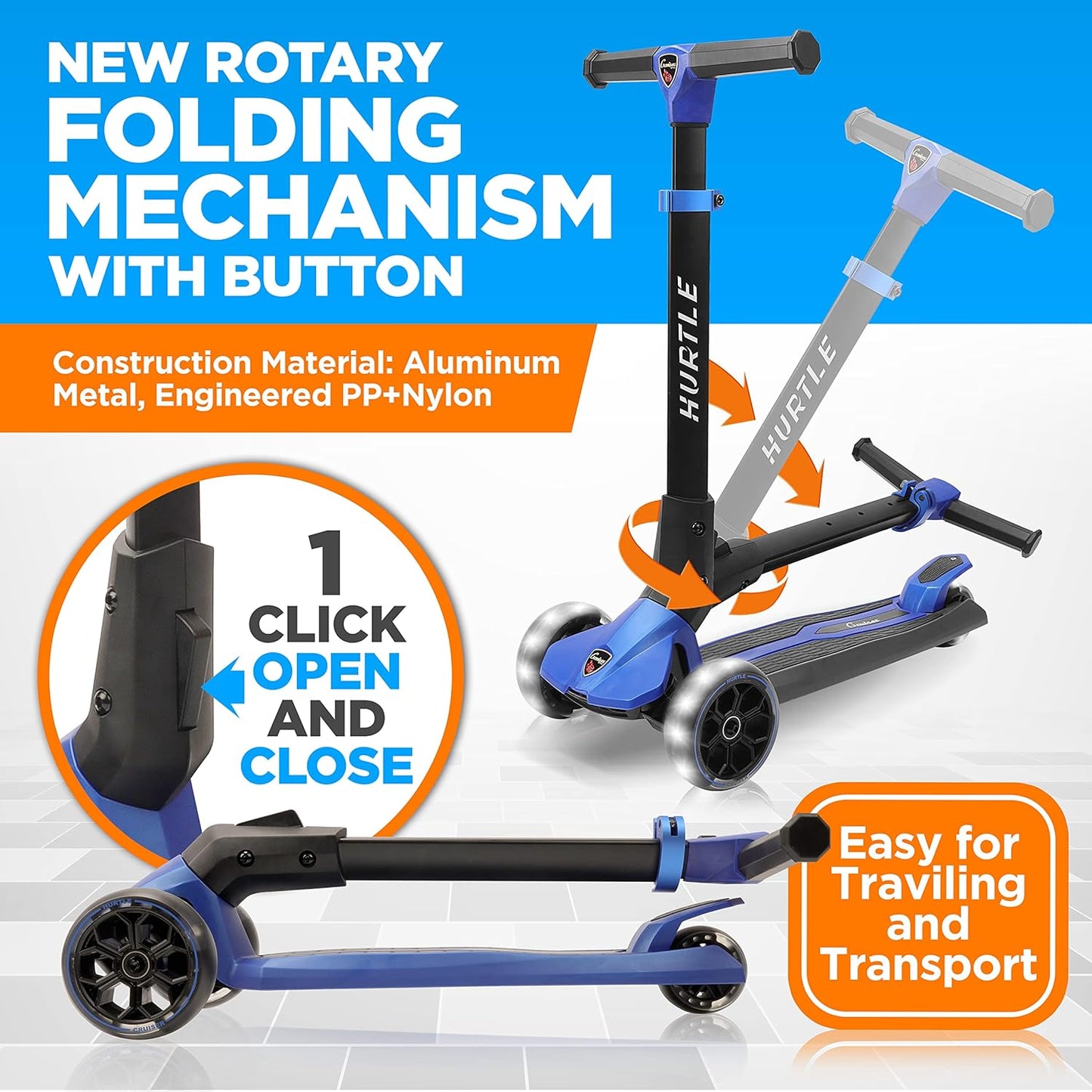 Hurtle 3-Wheel Kids Scooter for Toddlers, Foldable Kick Scooter with LED Light-Up Wheels, Anti-Slip Wide Deck, Adjustable Handlebar, Lean-to-Steer, Outdoor & Indoor Fun for Ages 3+ - PuriLite