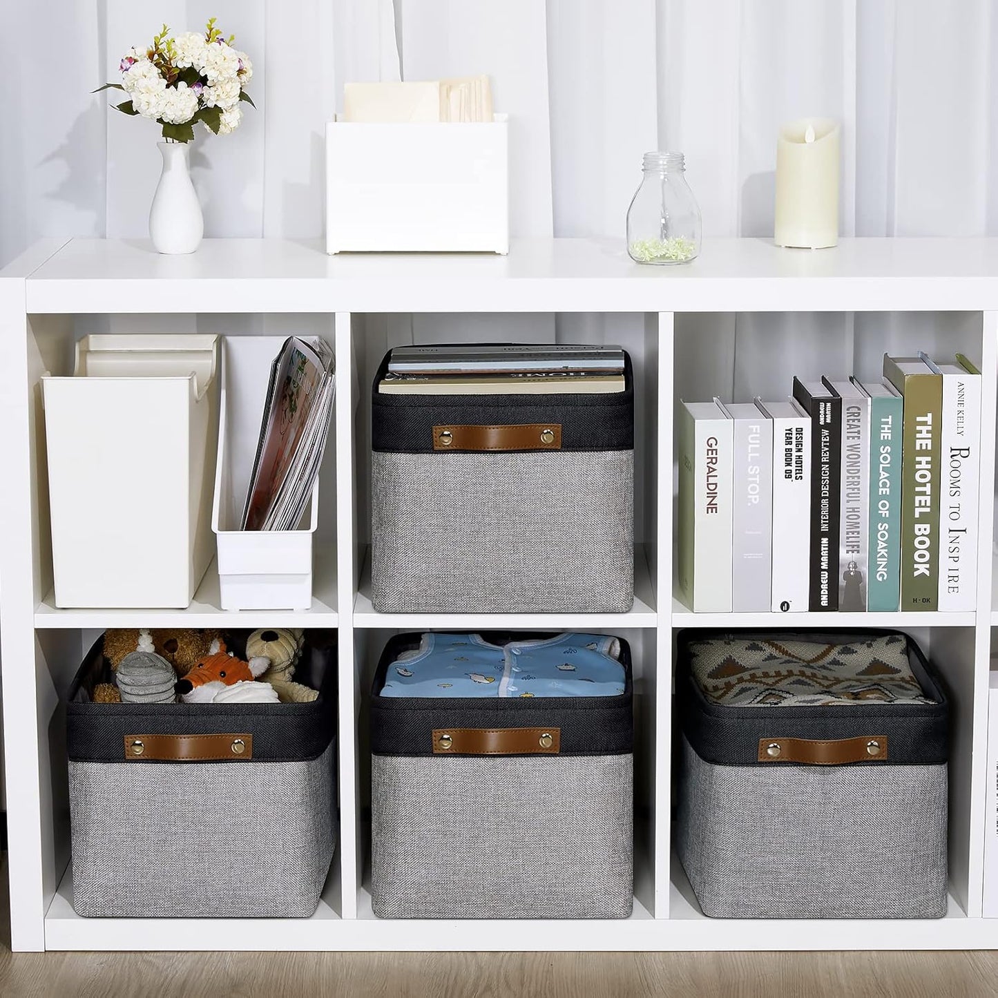 DULLEMELO Storage Baskets for Shelves, Fabric Collapsible Rectangular Storage Bins for Shelves, Closets, Nursery, Home, Office, Empty Gift Baskets (White&Teal)
