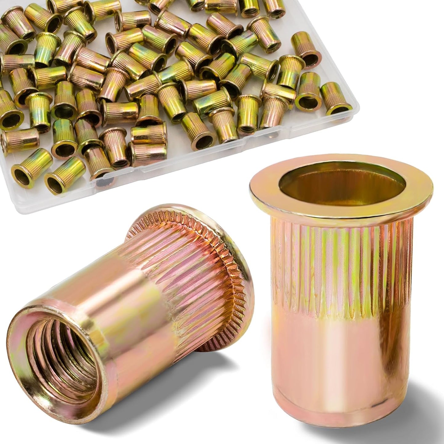 Vifmy Metric & SAE Rivet Nut Assortment Kit(420 Pcs),m3 m4 m5 m6 m8 m10 m12#6-32#8-32#10-24 1/4"-20 5/16"-18 3/8"-16 UNC Flat Head Rivnut Set,Zinc Plated Finish Carbon Steel Nutsert