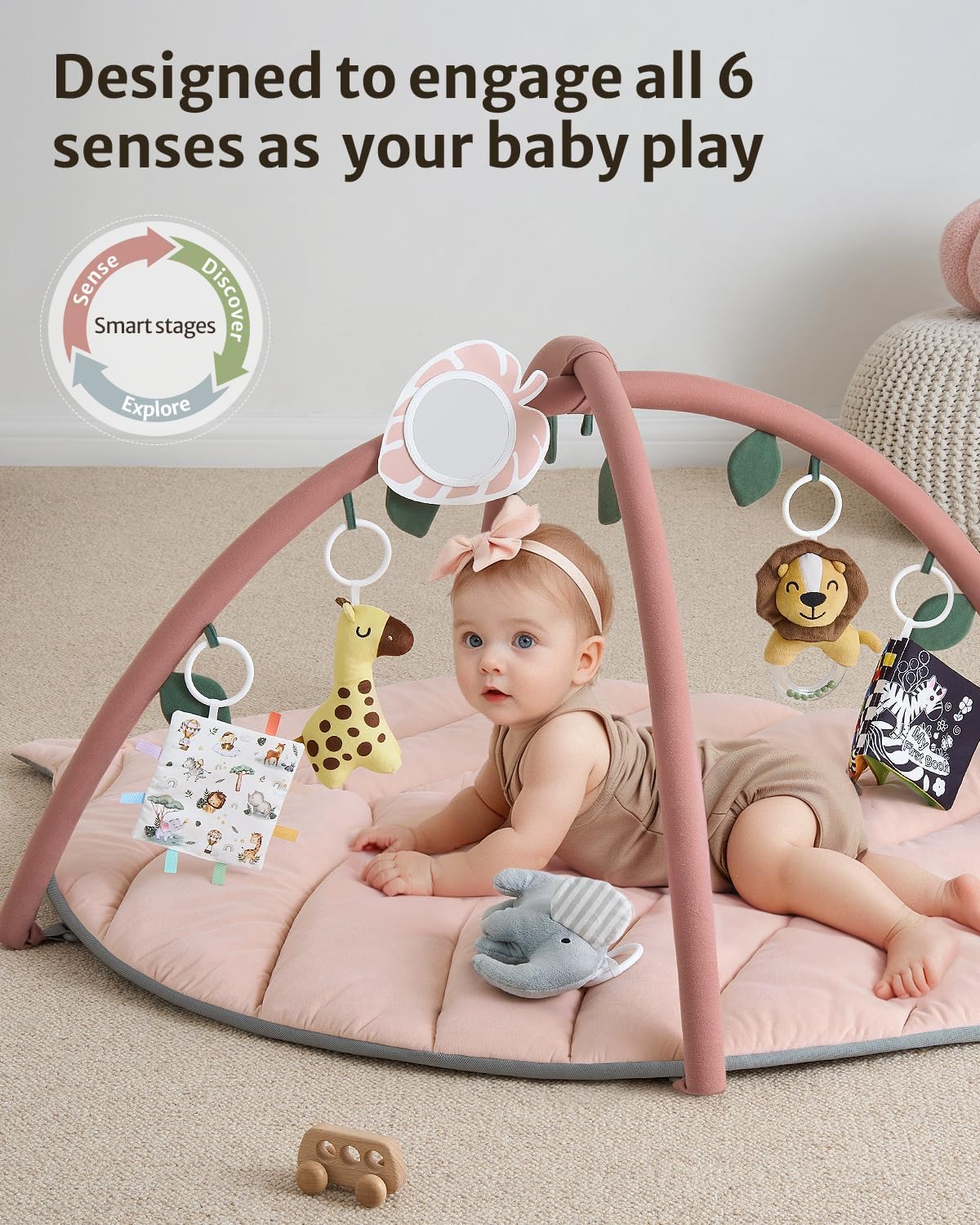 Blissful Diary Baby Play Gym & Activity Mat, Oversize Leaf Shaped Tummy Time Baby Play Mat w 6 Detachable Toys Promotes Motor Skills & Sensory Development, Newborn Infant Essentials Gift, Crystal Pink