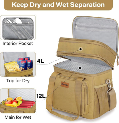 Expandable Large Lunch Bag, Double Deck Insulated Lunch Box Leakproof Durable Soft Cooler Bag for Men Women Adults Work Construction Beach Picnic Daytrip,16L,Black, GLENKEY