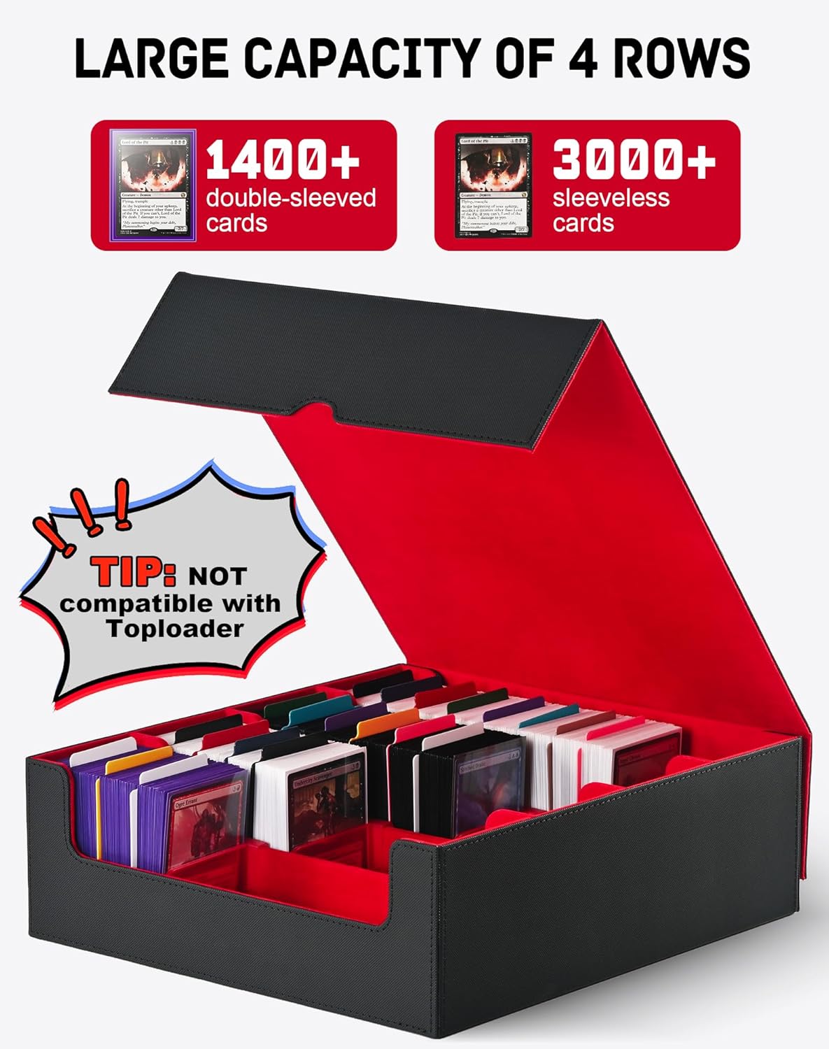 ZLCA Card Storage Box for MTG PTCG, Commander Deck Box Holds 3000+ Cards, Card Storage Case with 4 Stoppers, Card Organizer for TCG Sport Cards (Black)