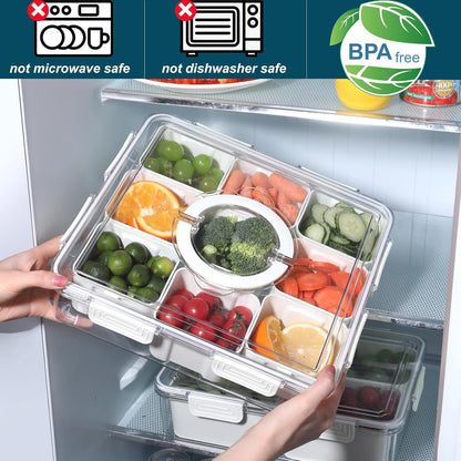 Taiuloo Divided Serving Tray with Lid & Handle, Airtight 6 Compartment Snackle Box Charcuterie Container, Fridge Organizer Bins, Food Storage Container Veggie Tray for Snack, Fruit, Salad, Nut