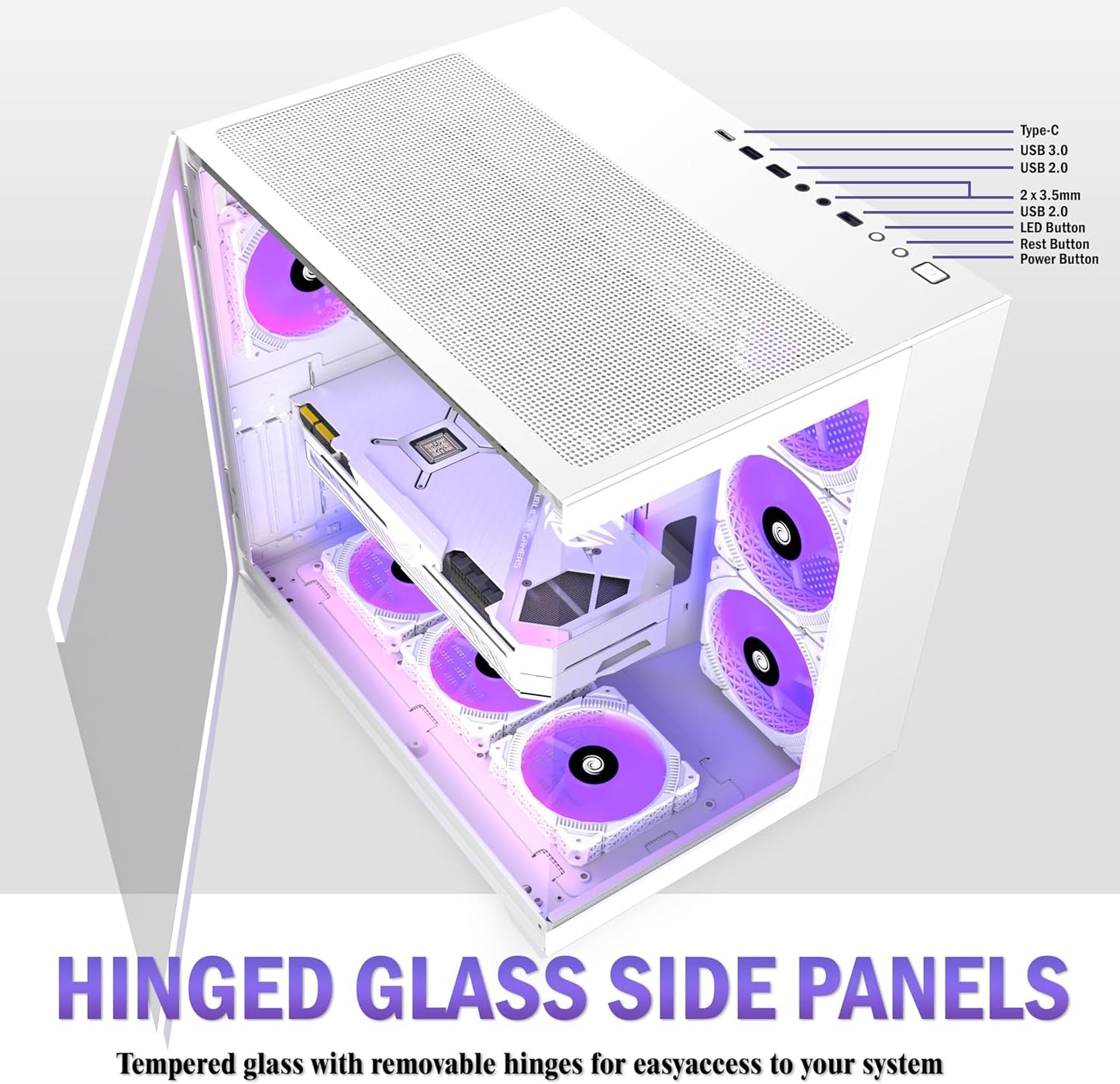 KEDIERS ATX PC Case,6 PWM ARGB Fans Pre-Installed,360MM RAD Support,Gaming 270° Full View Tempered Glass Mid Tower Pure White ATX Computer Case,C690