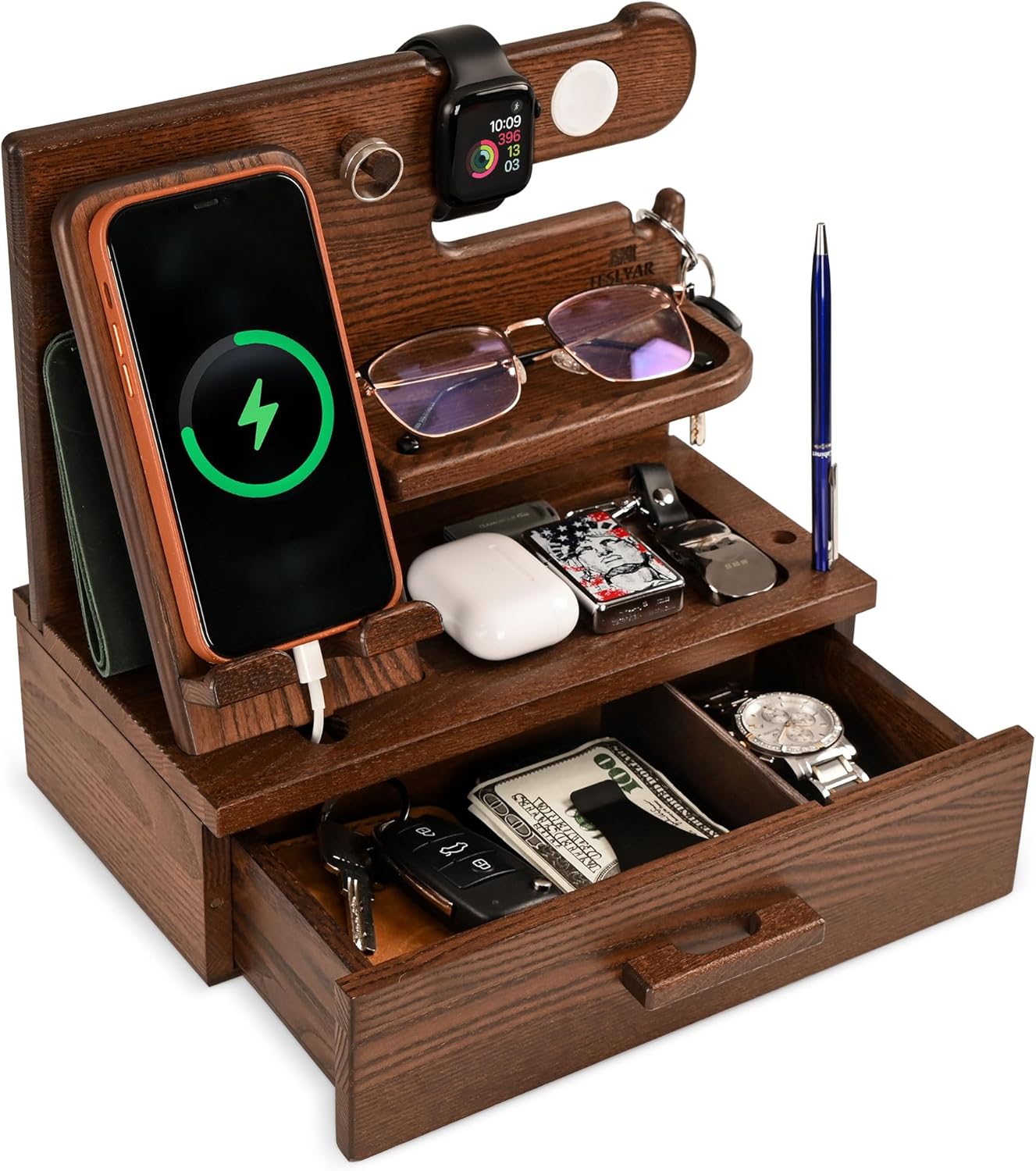 TESLYAR Wood Phone Docking Station with Drawer – Solid Wood Nightstand & Desk Organizer for Phone, Watch, Keys & Accessories - PuriLite