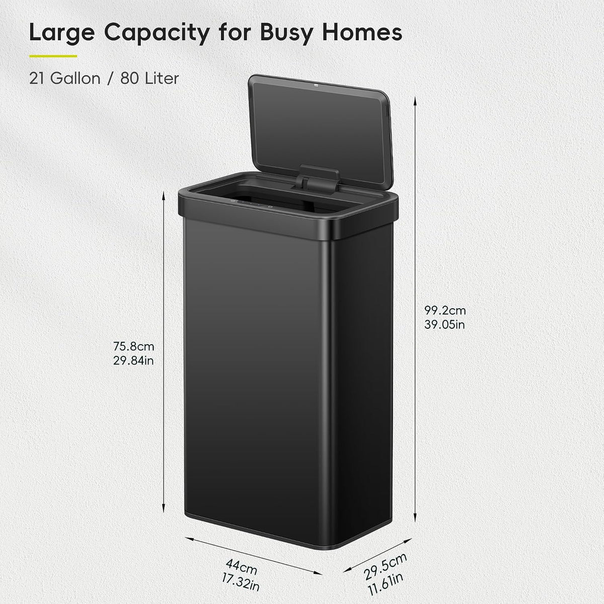 EKO Nova Sensor Trash Can, 21 Gallon/80 Liter Stainless Steel Rectangular Touchless Motion Sensor Trash Can, Matte Black