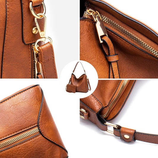 Hobo Bags for Women Handbags Purse Ladies Boho Shoulder Bag Crossbody Purses PU Leather Brown 2PCS - PuriLite