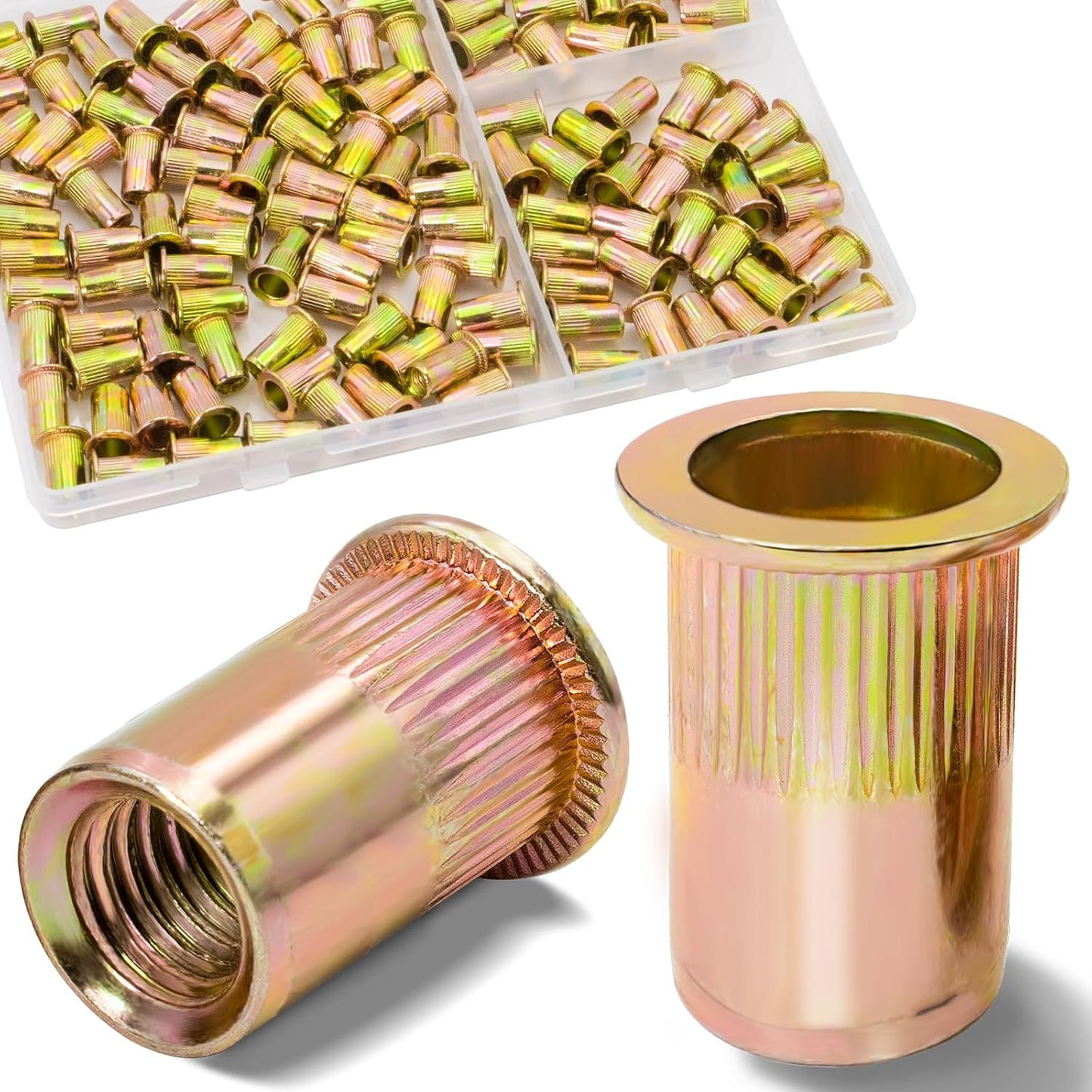 Vifmy Metric & SAE Rivet Nut Assortment Kit(420 Pcs),m3 m4 m5 m6 m8 m10 m12#6-32#8-32#10-24 1/4"-20 5/16"-18 3/8"-16 UNC Flat Head Rivnut Set,Zinc Plated Finish Carbon Steel Nutsert