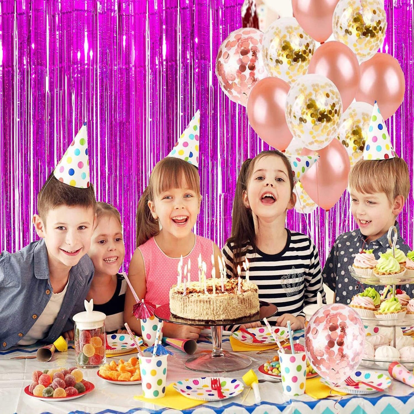 BRAVESHINE Pink Glitter Tinsel Foil Fringe Curtain - 2 Pcs 3.2x8.2 ft Metallic Party Supplies Photo Backdrop for Girl Princess Birthday Unicorn Bachelorette Butterfly Bridal Shower Party Decorations