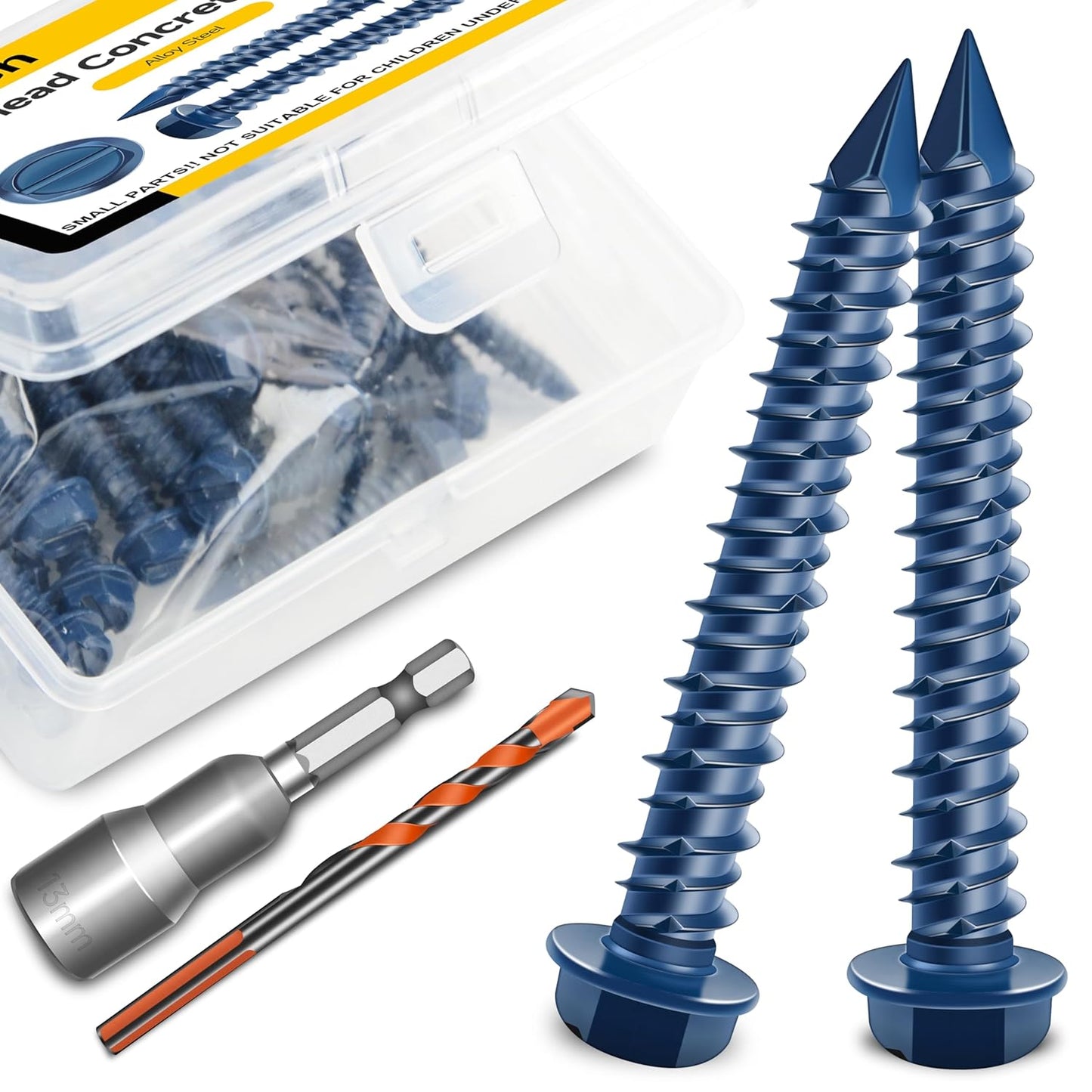 Mywish 30Pcs 1/4 x 1-3/4" Concrete Screws, Slotted Hex Washer Head Stucco Screws Anchor Kit with 3/16 Drill Bit, Masonry Screws Self Tapping for Anchoring to Masonry, Block or Brick Stucco