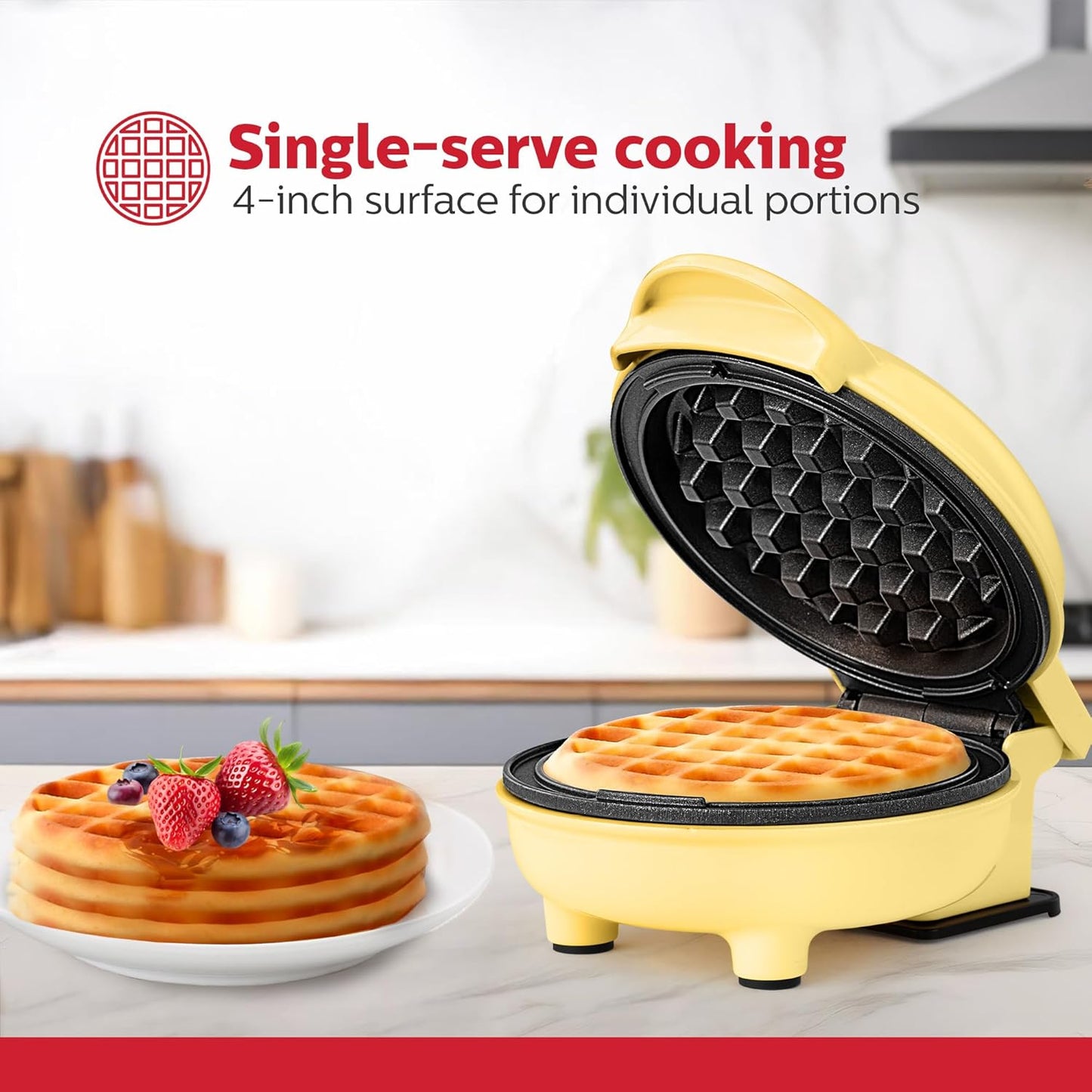 Holstein Housewares Personal/Mini Waffle Maker, Non-Stick Coating, Yellow - 4-inch Waffles in Minutes, Ideal for Breakfast, Brunch, Lunch or Snacks