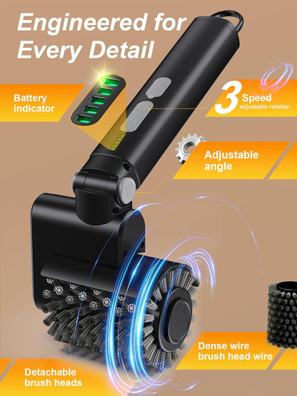 Electric Grill Brush, 3-Speed Power Control Grill Brush for Outdoor Grill, Rechargeable BBQ Grill Brush, Cordless Grill Cleaning Brush with 2 Brush Head & Scouring Pad, Gifts for Men/Dad