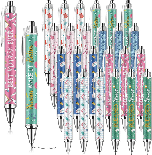 24 Pcs Nurse Pens Bulk Nurses Week Gift Funny Lovely Cartoon Ballpoint Black Ink Retractable Nursing Pen Nurse Day Gifts Party Favors Appreciation Gift for Women Men Doctor Teachers Medical Assistants