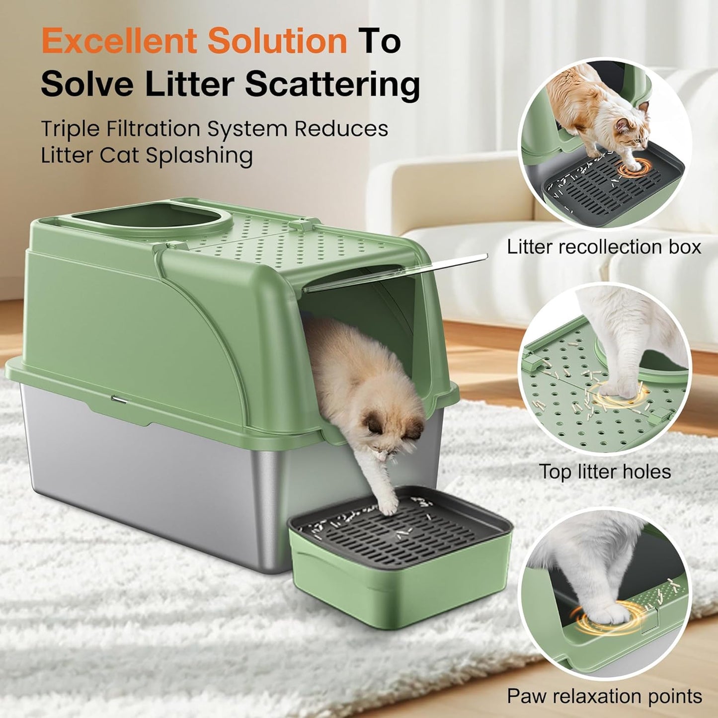 Stainless Steel Litter Box, XXL Large Metal Covered Litter Boxes, Dual Entrance Detachable Cat Litter Box with Lid, 16.6'' High Wall Urine Leak Prevention with Cat Litter Scoop (Gray)
