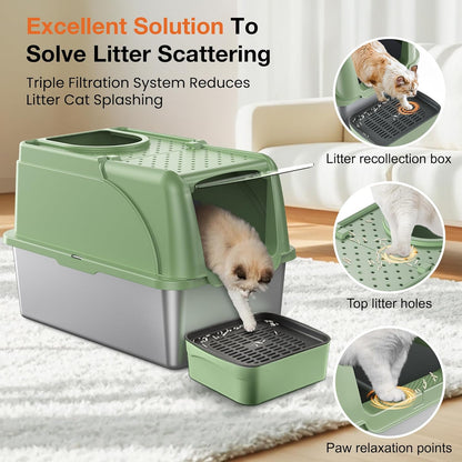 Stainless Steel Litter Box, XXL Large Metal Covered Litter Boxes, Dual Entrance Detachable Cat Litter Box with Lid, 16.6'' High Wall Urine Leak Prevention with Cat Litter Scoop (Gray)