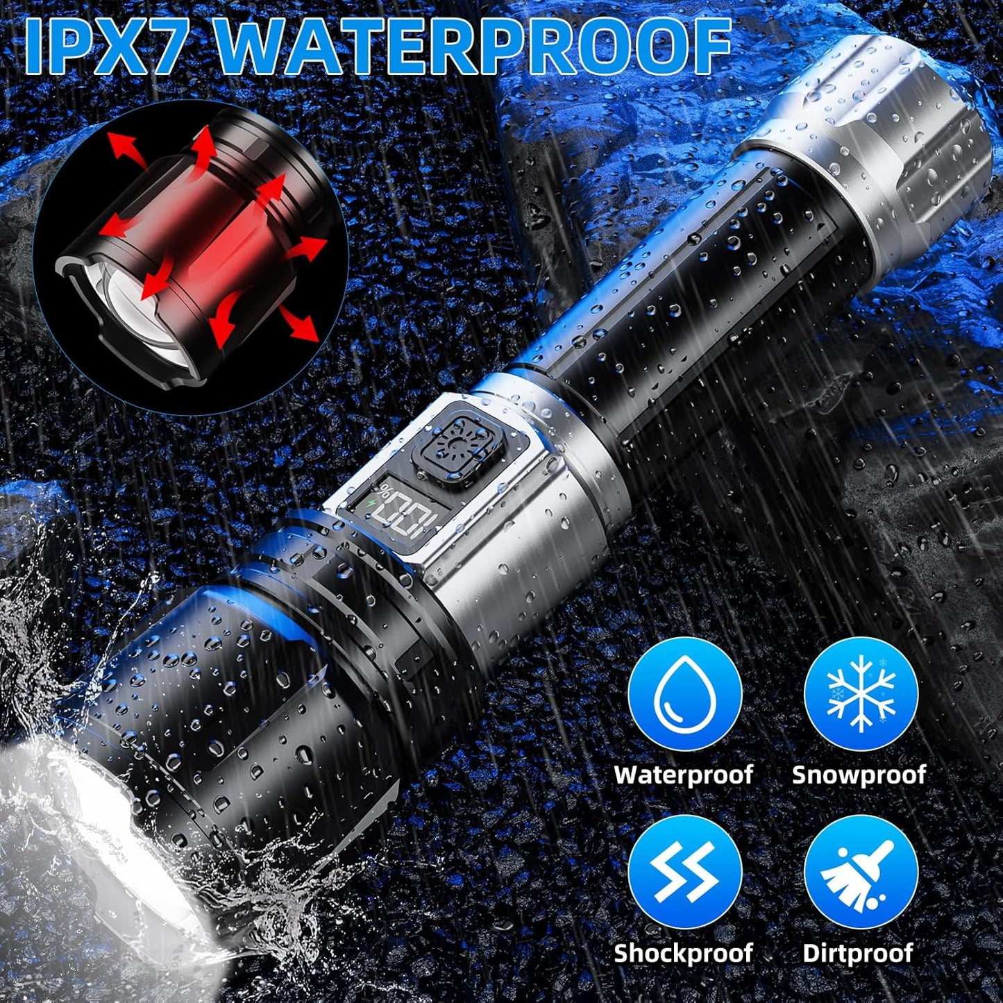Flashlight Rechargeable 990000 High Lumens, Super Bright LED Flash Light with LCD Digital Display, Tactical Flashlights with IPX7 Waterproof, 6 Modes Brightest Flashlight for Camping, Emergency