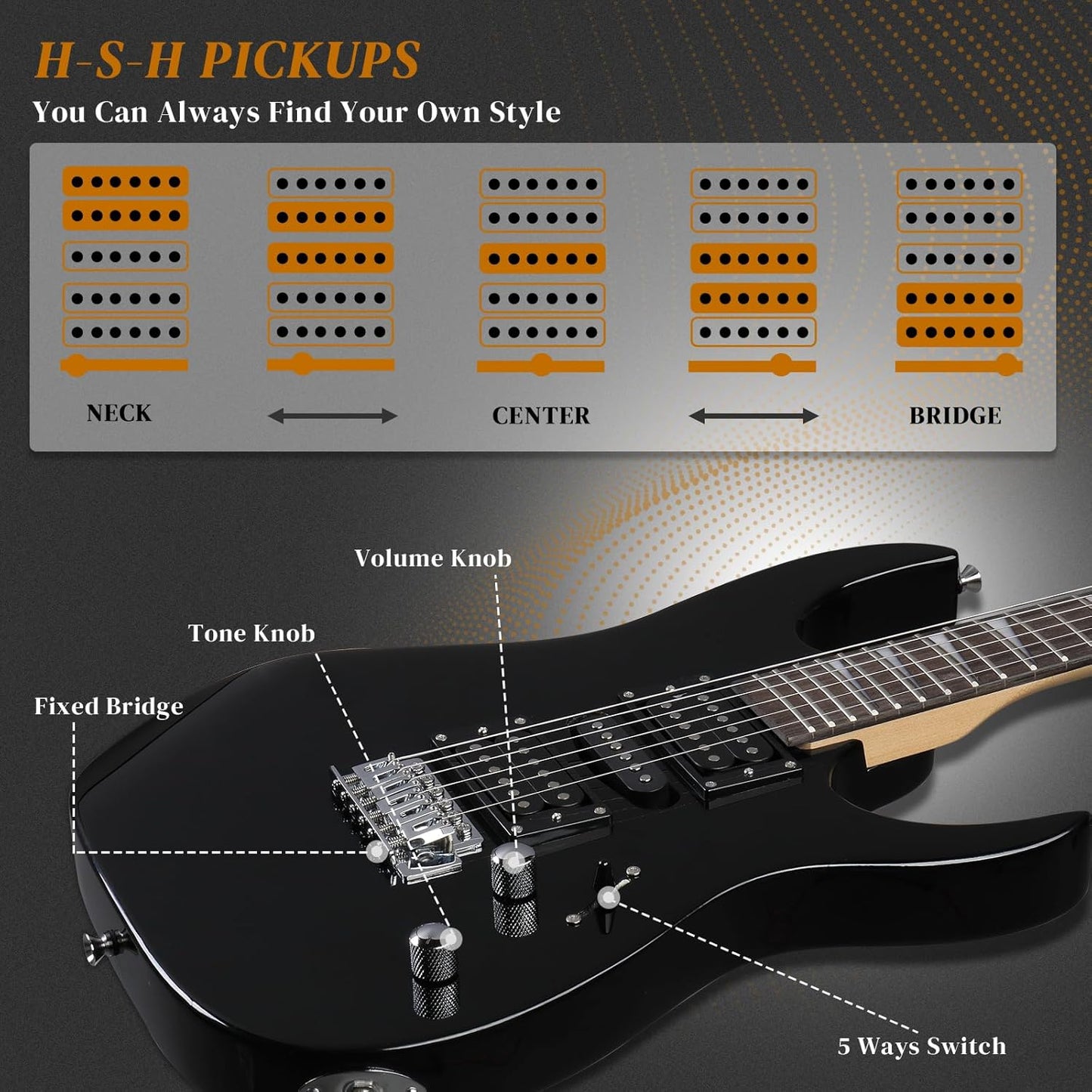 Ktaxon 39" Electric Guitar with 20Watt Amp, Full Size 170 Model Starter Guitar Kit for Beginners & Professionals W/Bag, Shoulder Strap, Wrench Tool, Plectrum - Black