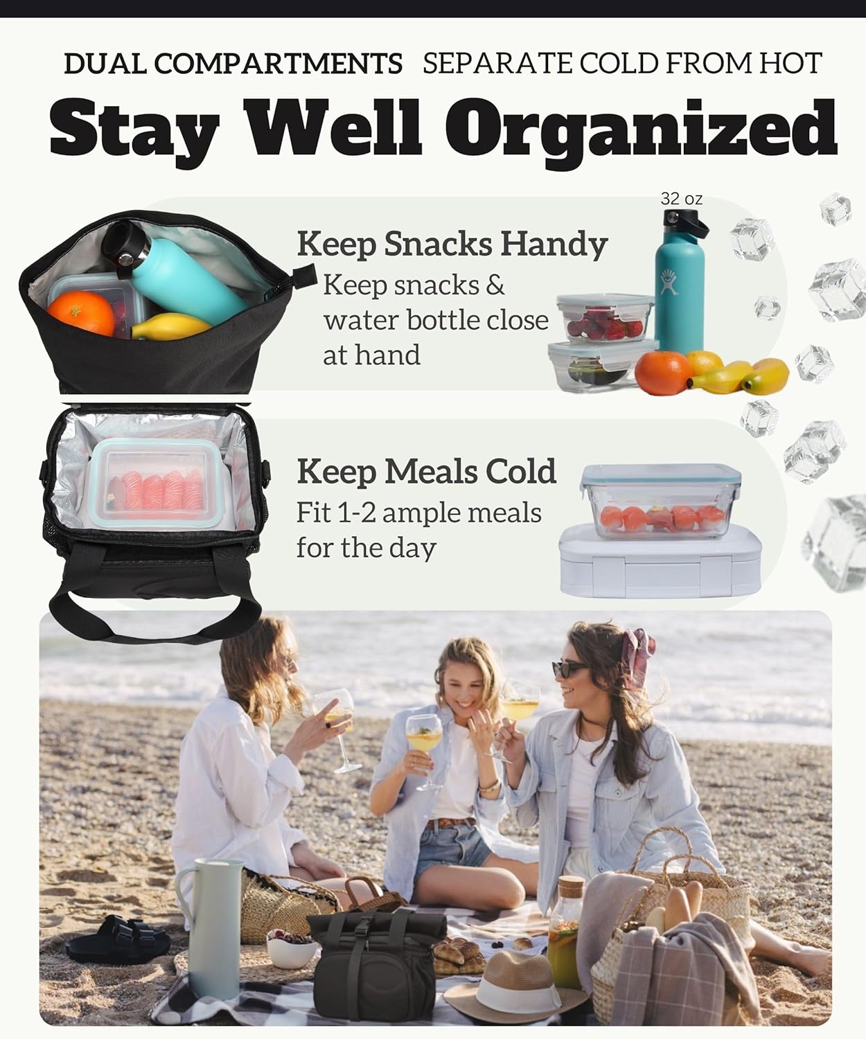 SUNNY BIRD Dual Compartment Lunch Bag Insulated Lunch Box for Women and Men (Green with Boho Strap)