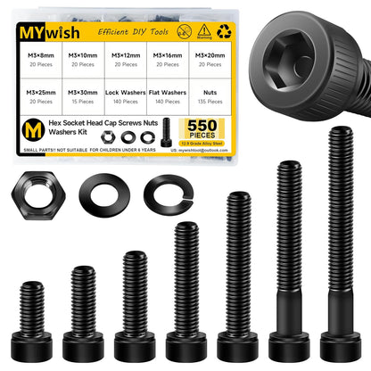 Mywish 900Pcs Metric Screw Assortment, M3 M4 M5 M6 Screw Assortment Kit 304 Stainless Steel Hex Socket Button Head Socket Cap Metric Screws Bolts & Flat Washers/Nuts/Hex Wrenches 16 Sizes 8MM to 20MM