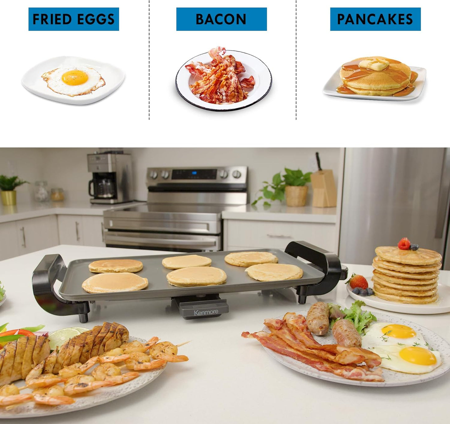 Kenmore Electric Griddle - External Temperature Control, Easy Clean Countertop Cooking Kitchen Appliance Removable Drip Tray, Grill Bacon, Eggs, Pancakes, Crepes, Tortillas, Nonstick 10x18" Pan