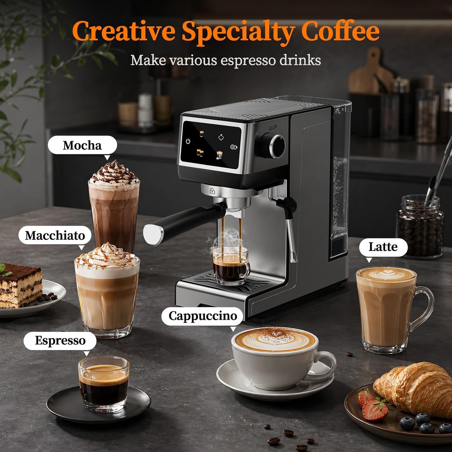 20Bar Espresso Machine with Milk Frother, Cold Brew, Touch Screen | Create Barista-style Espresso, Latte, Cappuccino at Home, Fast Heat, PID Control and Easy Touch Operation, Sliver