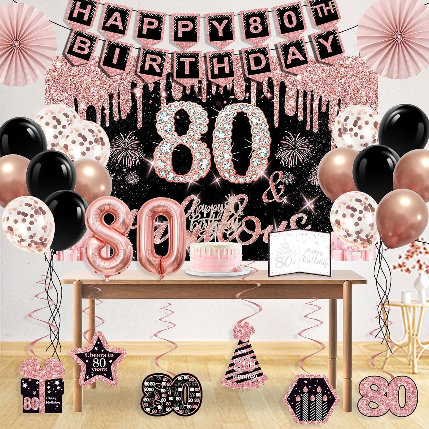 40th Birthday Decorations for Women,32pcs 40th Birthday Party Decorations,Including Backdrop, Crown,Sash,banner, Hanging Swirl,Cake Topper,balloons,Paper Fans,Anniversary Card and paper fans
