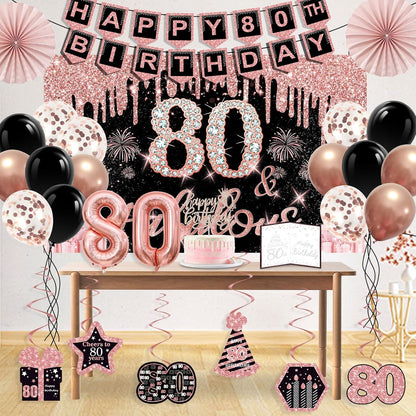 40th Birthday Decorations for Women,32pcs 40th Birthday Party Decorations,Including Backdrop, Crown,Sash,banner, Hanging Swirl,Cake Topper,balloons,Paper Fans,Anniversary Card and paper fans