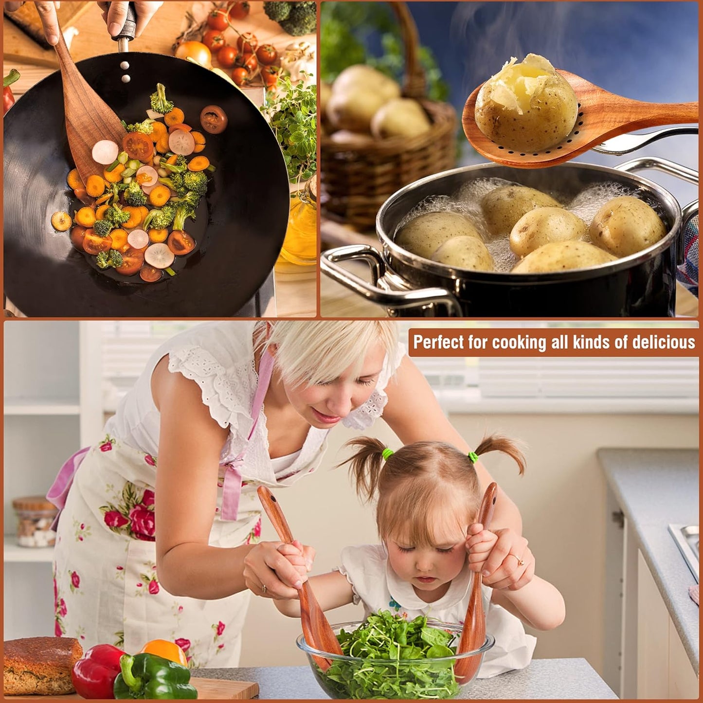 Mooues 9 PCS Wooden Spoons for Cooking, Wooden Utensils for Cooking with Utensils Holder, Natural Teak Wooden Kitchen Utensils Set with Spoon Rest, Comfort Grip Cooking Utensils Set for Kitchen