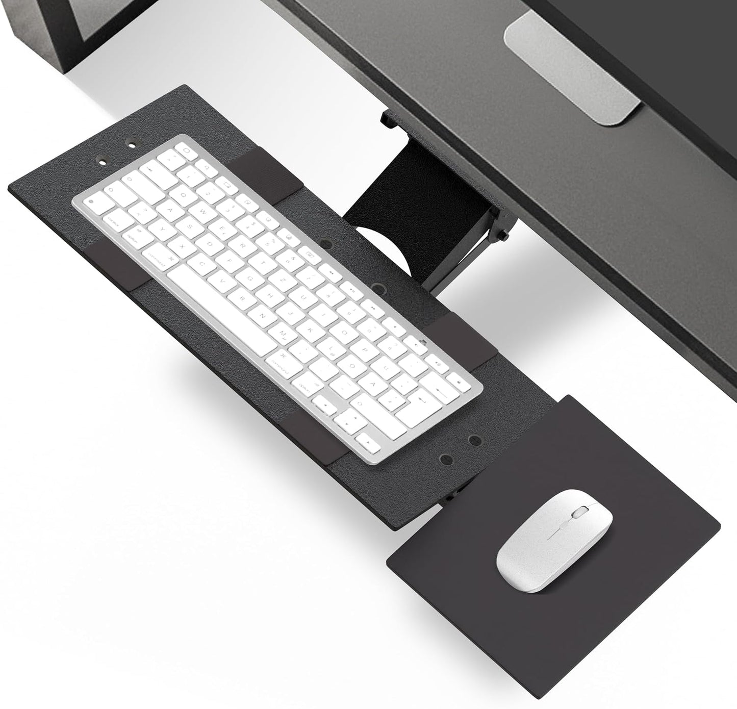 KT1 Ergonomic Under-Desk Computer Keyboard Tray. Adjustable height angle negative tilt sliding pull out drawer platform swivels 360 slides office products furniture desktop accessories with mouse pad