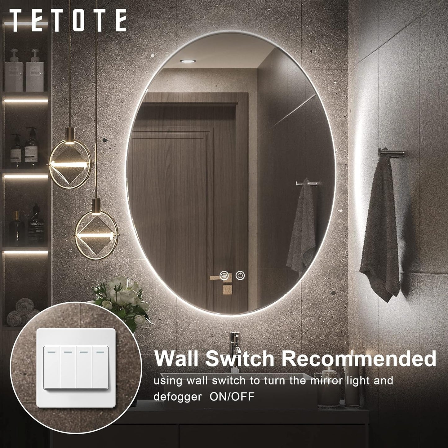 TETOTE 28 Inch Round LED Bathroom Vanity Mirror, Anti-Fog Dimmable Lights IP54 Waterproof Circle Makeup Wall Mounted Mirror