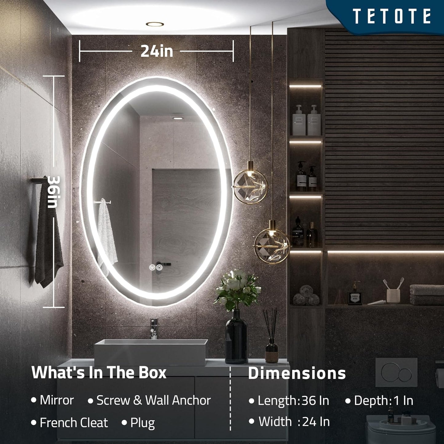 TETOTE 28 Inch Round LED Bathroom Vanity Mirror, Anti-Fog Dimmable Lights IP54 Waterproof Circle Makeup Wall Mounted Mirror