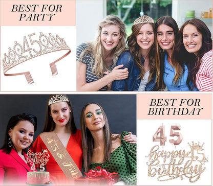 8pcs 40th Birthday Decorations gifts for Women, Including 40th Happy Birthday Cake Topper, Queen Sash with Pearl Pin, Sweet Rhinestone Tiara Crown for Women, Number Candles and Balloons (Rose Gold)