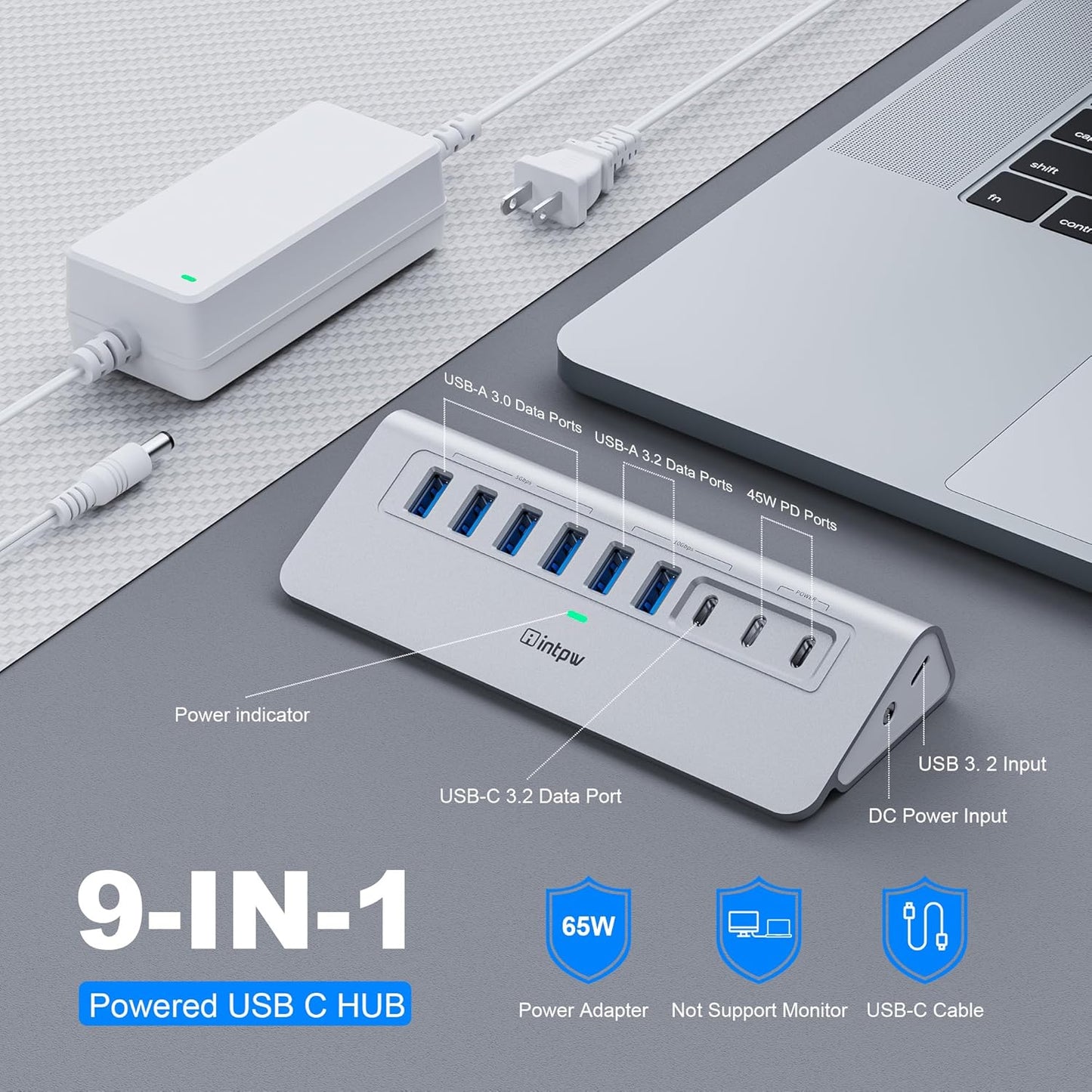 Powered USB Hub, Intpw 9-Port USB 3.2/USB C Hub with 10Gbps, 5*USB 3.0 + 45W PD Charging Ports, 3.3FT Cable and 65W Power Adapter, Aluminum USB Extender Hub for iphone16/ipad/Macbook/Laptop,PC