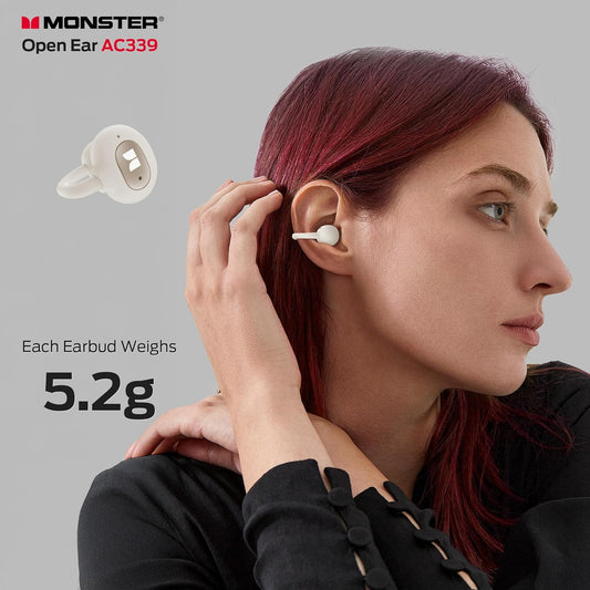 Monster Open Ear AC339 Headphones, Bluetooth 6.0 Earphones Stereo Sound, Open Ear Clip Wireless Earbuds 40 Hours Playback, with Smart Digital Display Design, Touch Control, IPX6 Waterproof,Beige - PuriLite