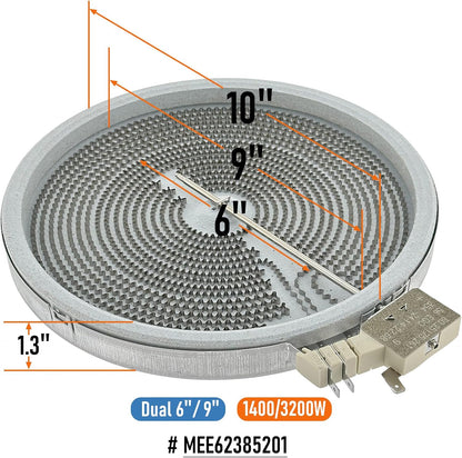 MEE62385201 Range Dual Radiant Surface Element Heater 6/9 Inch, 3200W/1400W OEM Replacement Parts for LG Electric Range